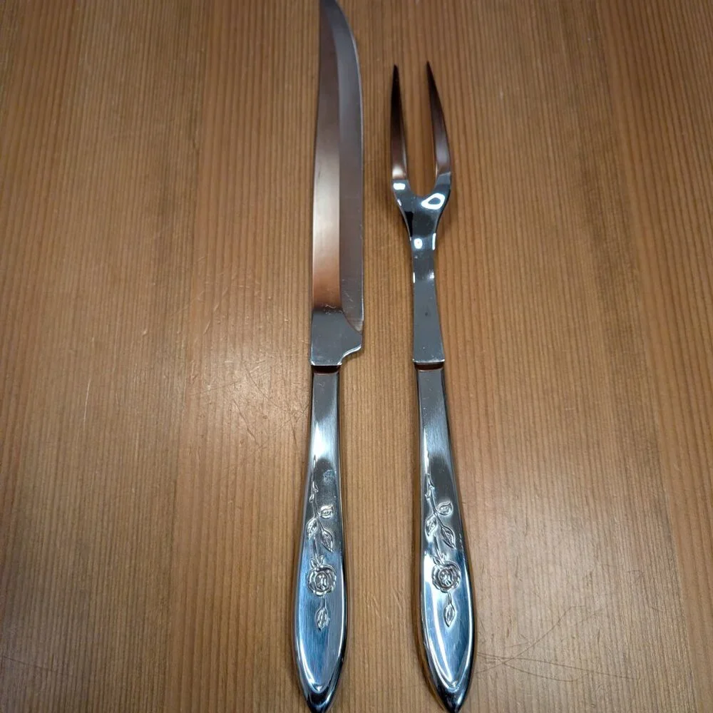 2pc Oneida / Imperial MY ROSE Stainless Steel Carving Knife and Fork Set - EUC